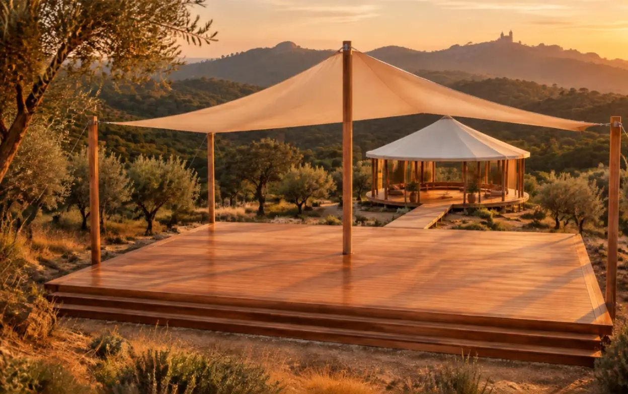 Golden-hour vision of the wooden dance deck with an ivory canopy and the circular pavilion among olive trees, with the forested Serra de Sintra behind
