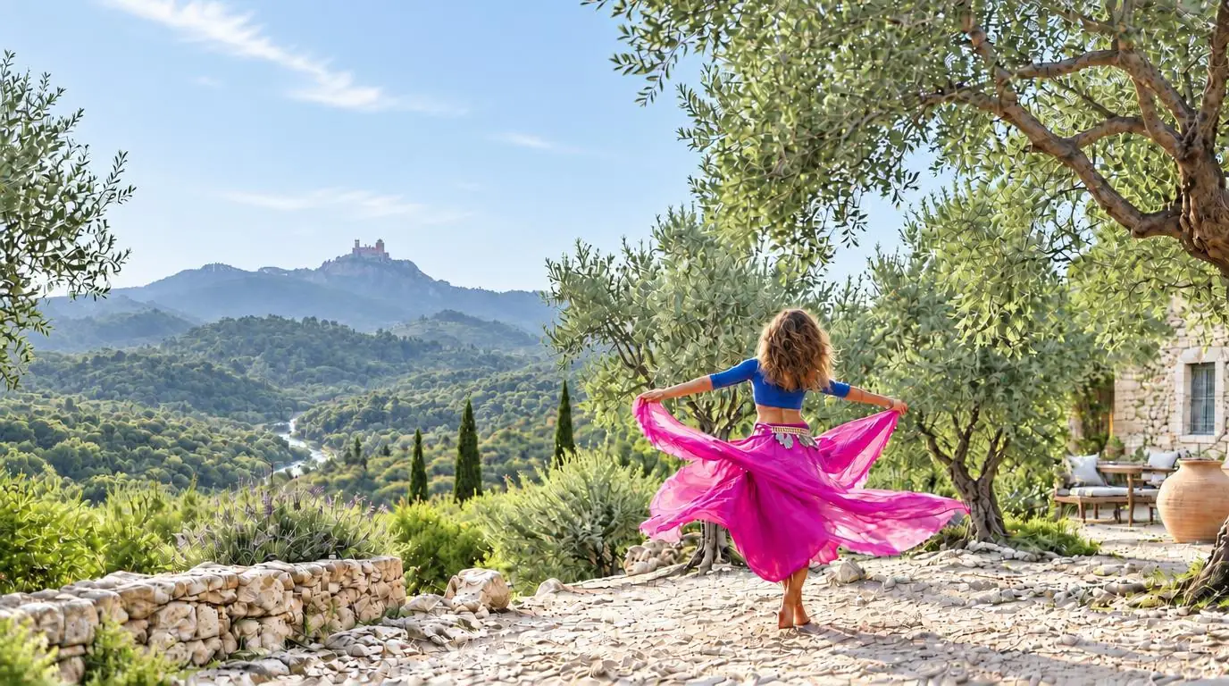 Light-brown-haired woman belly dancing among olive trees, with the Sintra hills and a small river in the wooded valley behind her