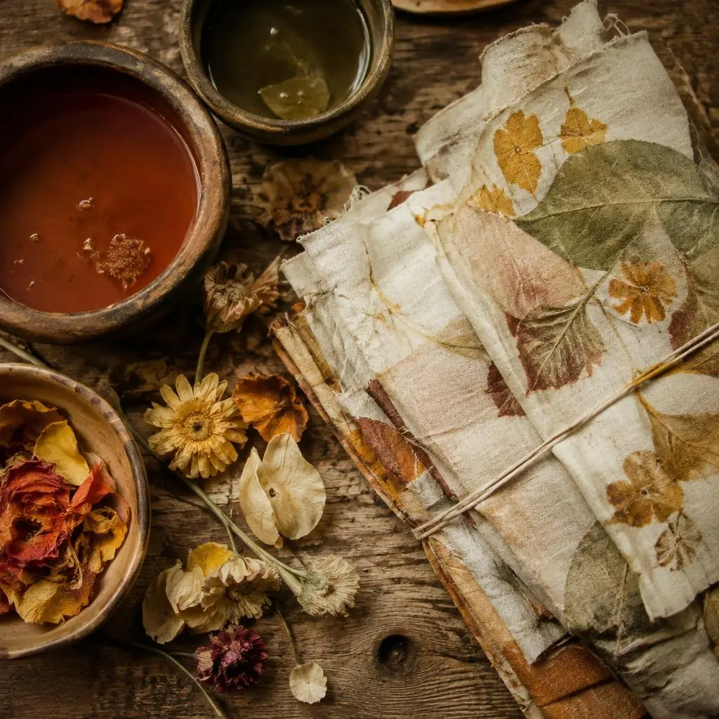 Panelas de tingimento natural, seda enrolada em molhos e flores secas numa mesa de trabalho