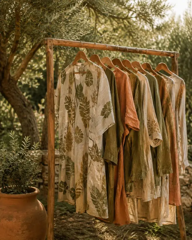 Botanically printed garments hanging in the garden