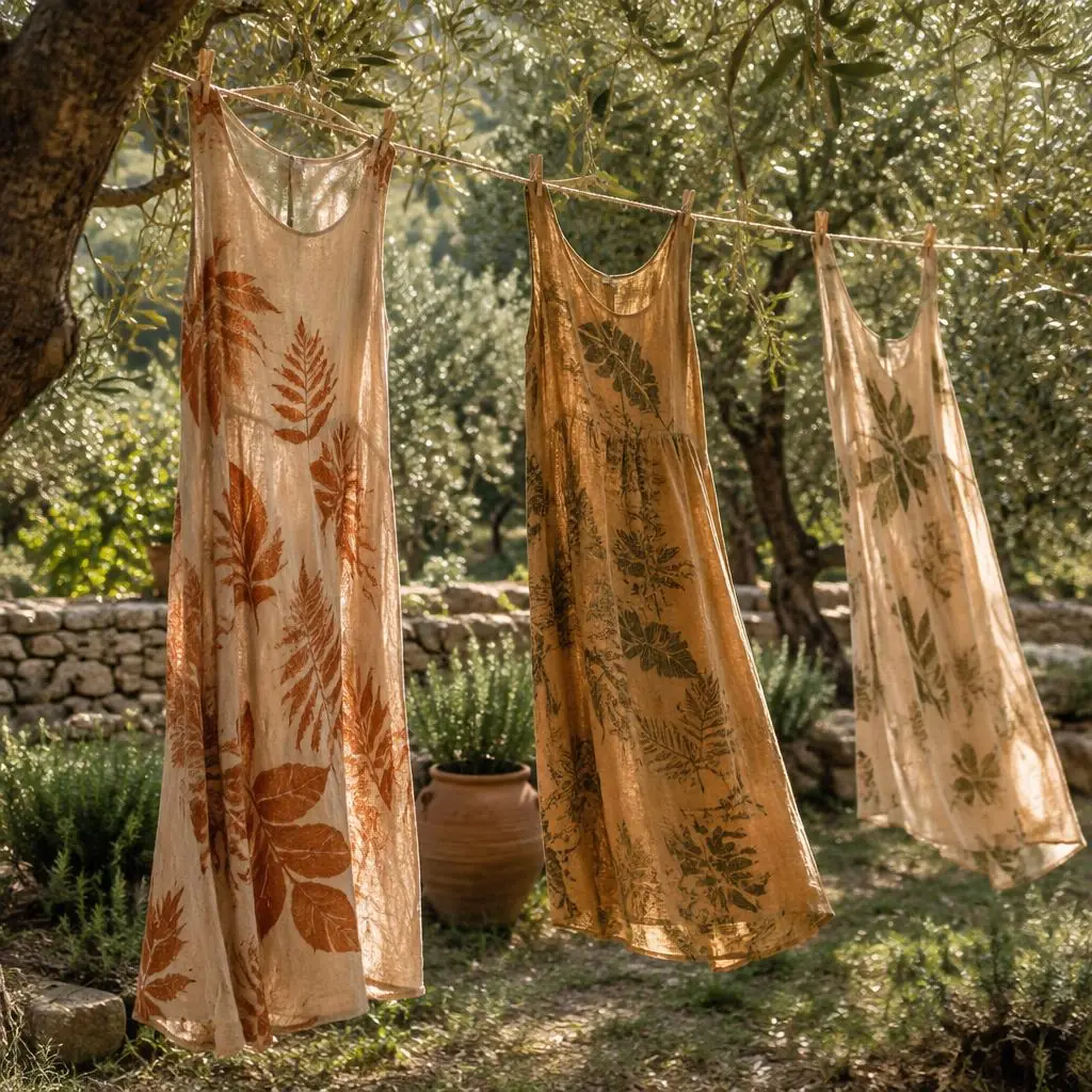 Botanically printed linen dresses drying in the olive grove