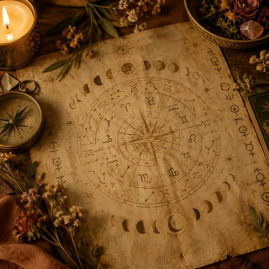 Um mapa astral em pergaminho envelhecido, com fases da lua e tinta dourada