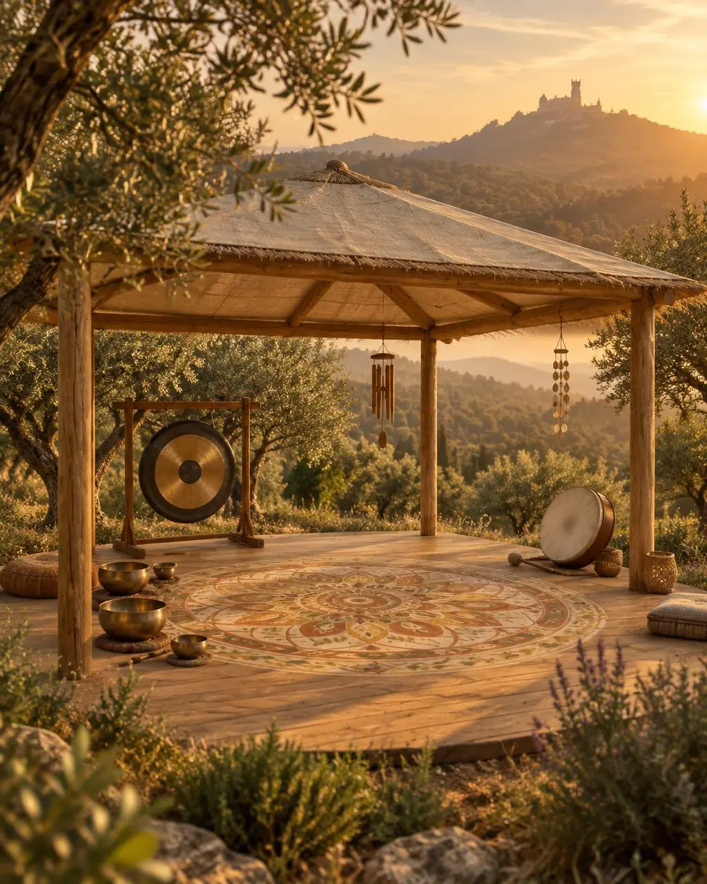 Vision of a simple open-sided wooden pavilion with a hand-painted mandala on the floor and relaxing sound instruments — singing bowls, a gong, a frame drum and wind chimes — in an olive grove with the forested Sintra ridge behind