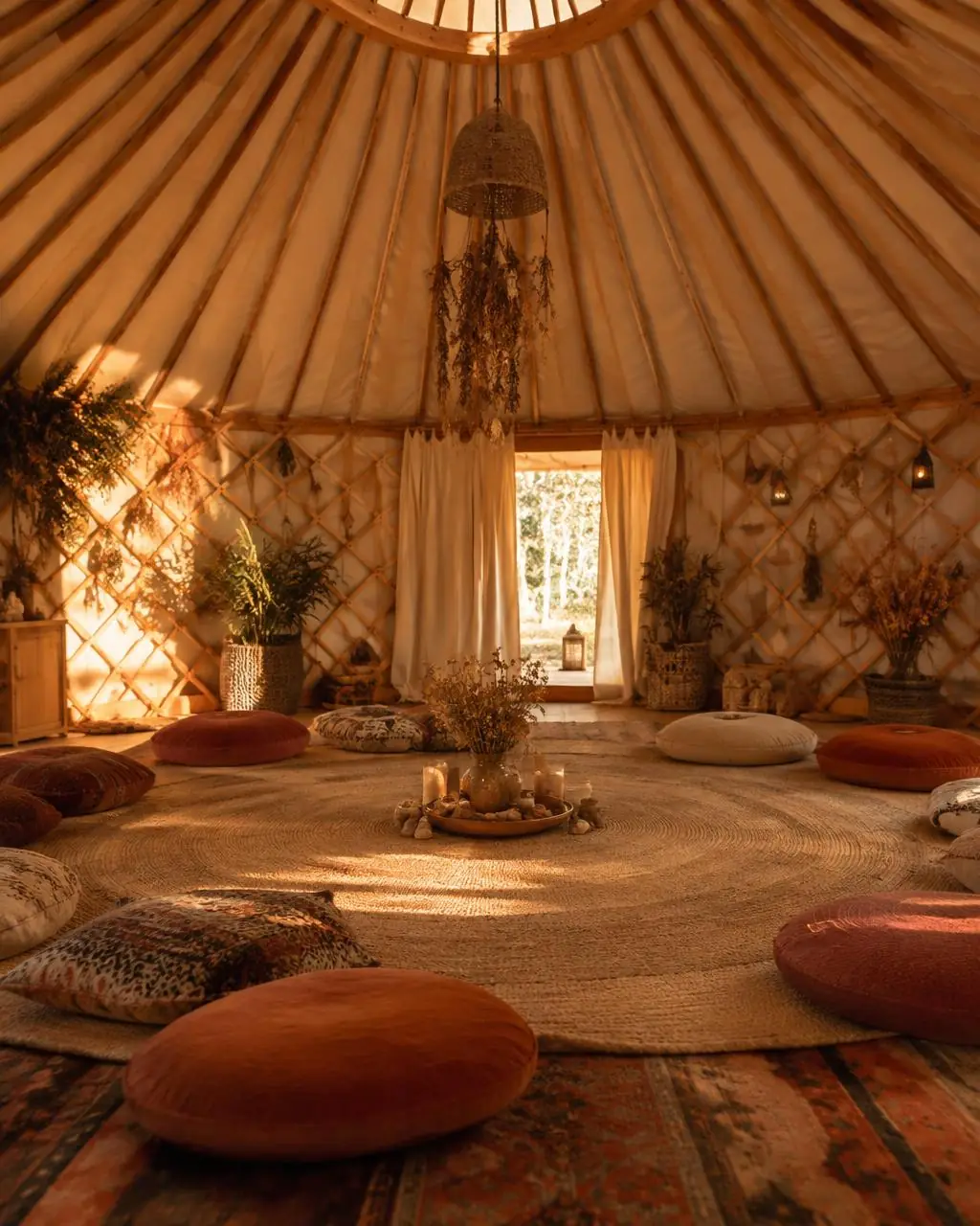 Circle of cushions inside a wooden yurt